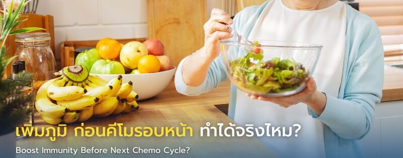 ภาพอินโฟกราฟิกแสดงผู้ป่วยมะเร็งดูแลสุขภาพด้วยอาหารที่มีประโยชน์ การพักผ่อน และการดื่มน้ำ เพื่อเสริมภูมิคุ้มกันก่อนเข้ารับเคมีบำบัดรอบถัดไป