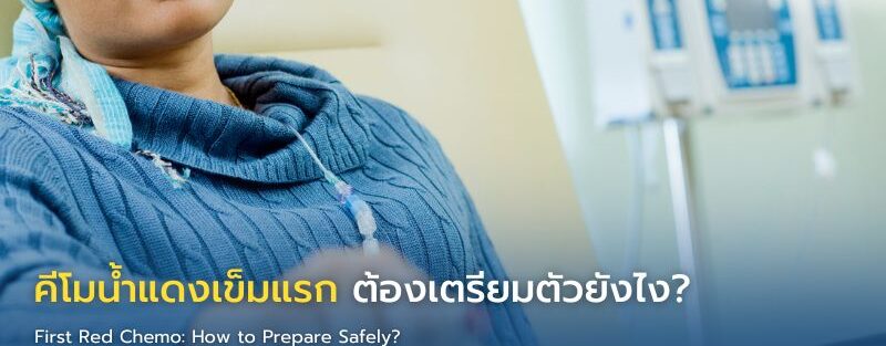 ภาพอินโฟกราฟิกแสดงผู้ป่วยเตรียมตัวก่อนรับเคมีบำบัดคีโมน้ำแดง พร้อมคำแนะนำการพักผ่อน โภชนาการ และการดูแลตนเองก่อน–หลังการให้ยา