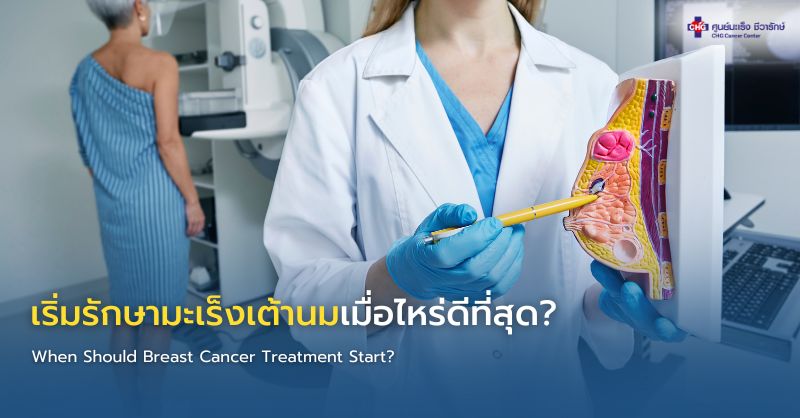 อินโฟกราฟิกแสดงไทม์ไลน์การเริ่มรักษามะเร็งเต้านมหลังทราบผลชิ้นเนื้อ แสดงขั้นตอนตรวจระยะโรค ตรวจชีวภาพมะเร็ง และการวางแผนรักษาก่อนเริ่มการรักษา