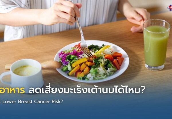 อินโฟกราฟิกเกี่ยวกับอาหารและพฤติกรรมที่ช่วยลดความเสี่ยงมะเร็งเต้านม แสดงผักผลไม้ ปลา ธัญพืช การออกกำลังกาย และการตรวจ Mammogram เพื่อการป้องกันระยะยาว