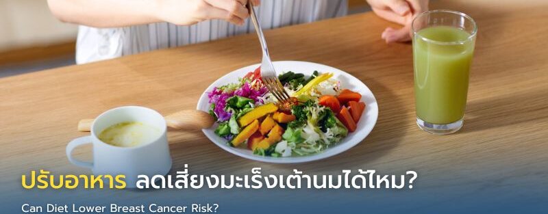 อินโฟกราฟิกเกี่ยวกับอาหารและพฤติกรรมที่ช่วยลดความเสี่ยงมะเร็งเต้านม แสดงผักผลไม้ ปลา ธัญพืช การออกกำลังกาย และการตรวจ Mammogram เพื่อการป้องกันระยะยาว