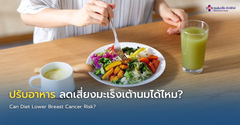 อินโฟกราฟิกเกี่ยวกับอาหารและพฤติกรรมที่ช่วยลดความเสี่ยงมะเร็งเต้านม แสดงผักผลไม้ ปลา ธัญพืช การออกกำลังกาย และการตรวจ Mammogram เพื่อการป้องกันระยะยาว
